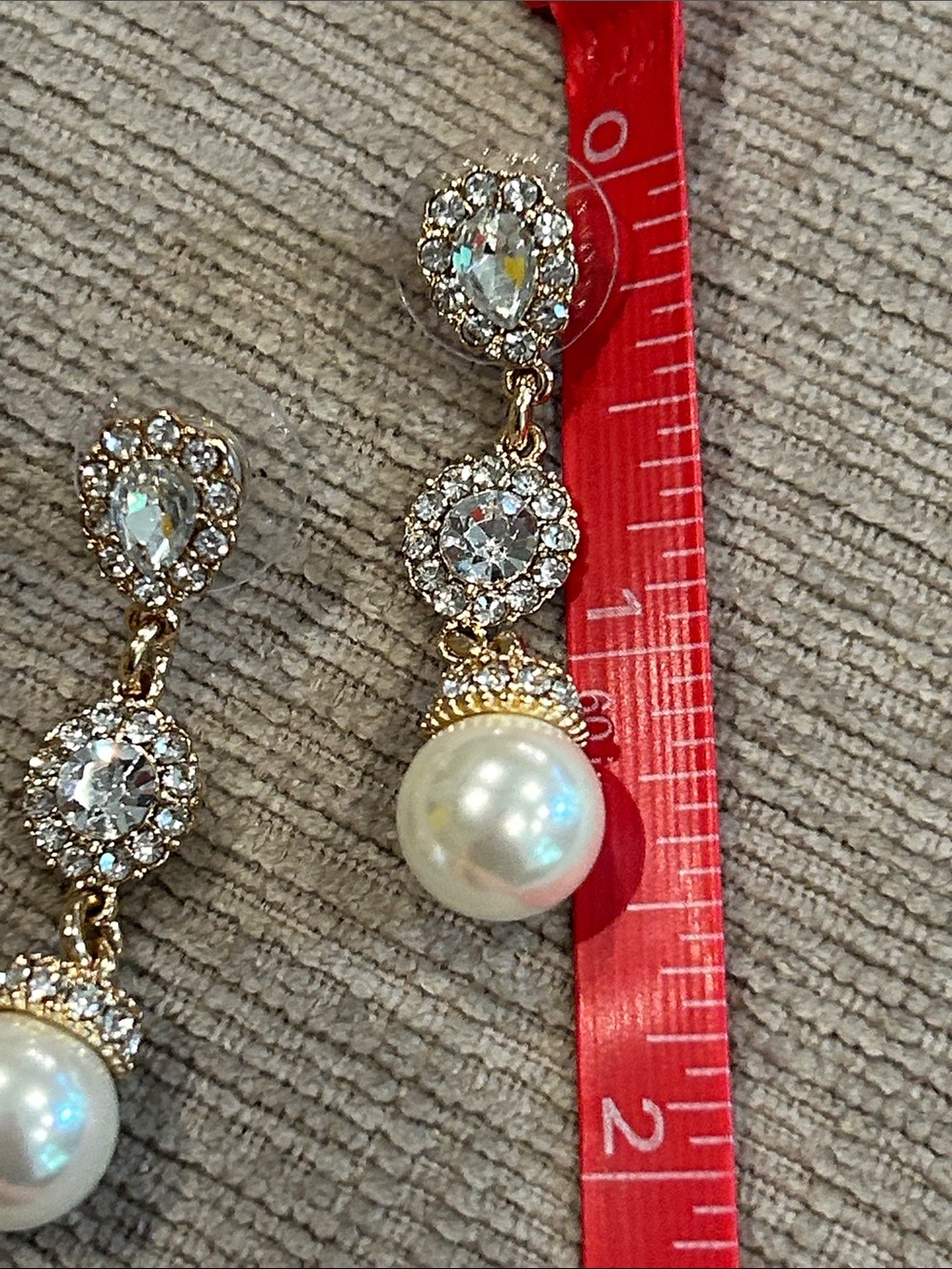 Gold-Tone faux Pearl Drop Earrings with Clear Crystals image 2